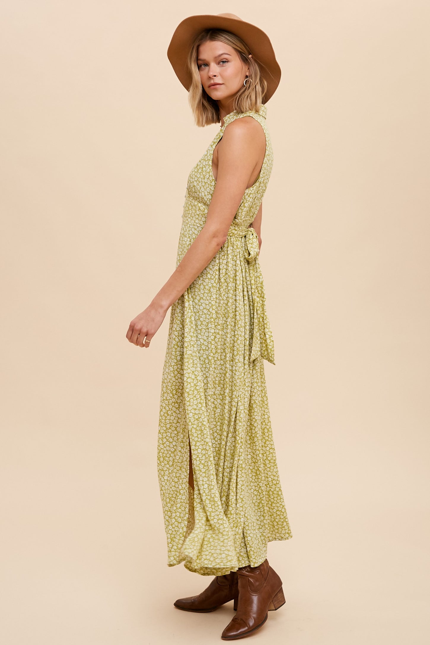 Green Sleeveless Collared Midi Dress