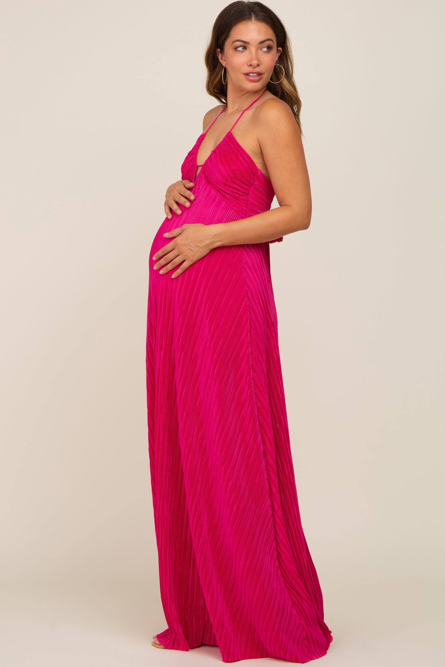 Fuchsia Plisse Halter Back Tie Maternity Maxi Dress