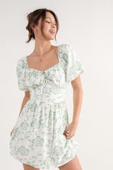 Green Square Neck Puff Sleeve Mini Dress
