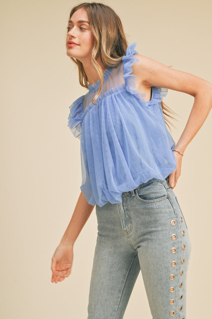 Blue Mesh Ruffled Flutter Sleeve Top