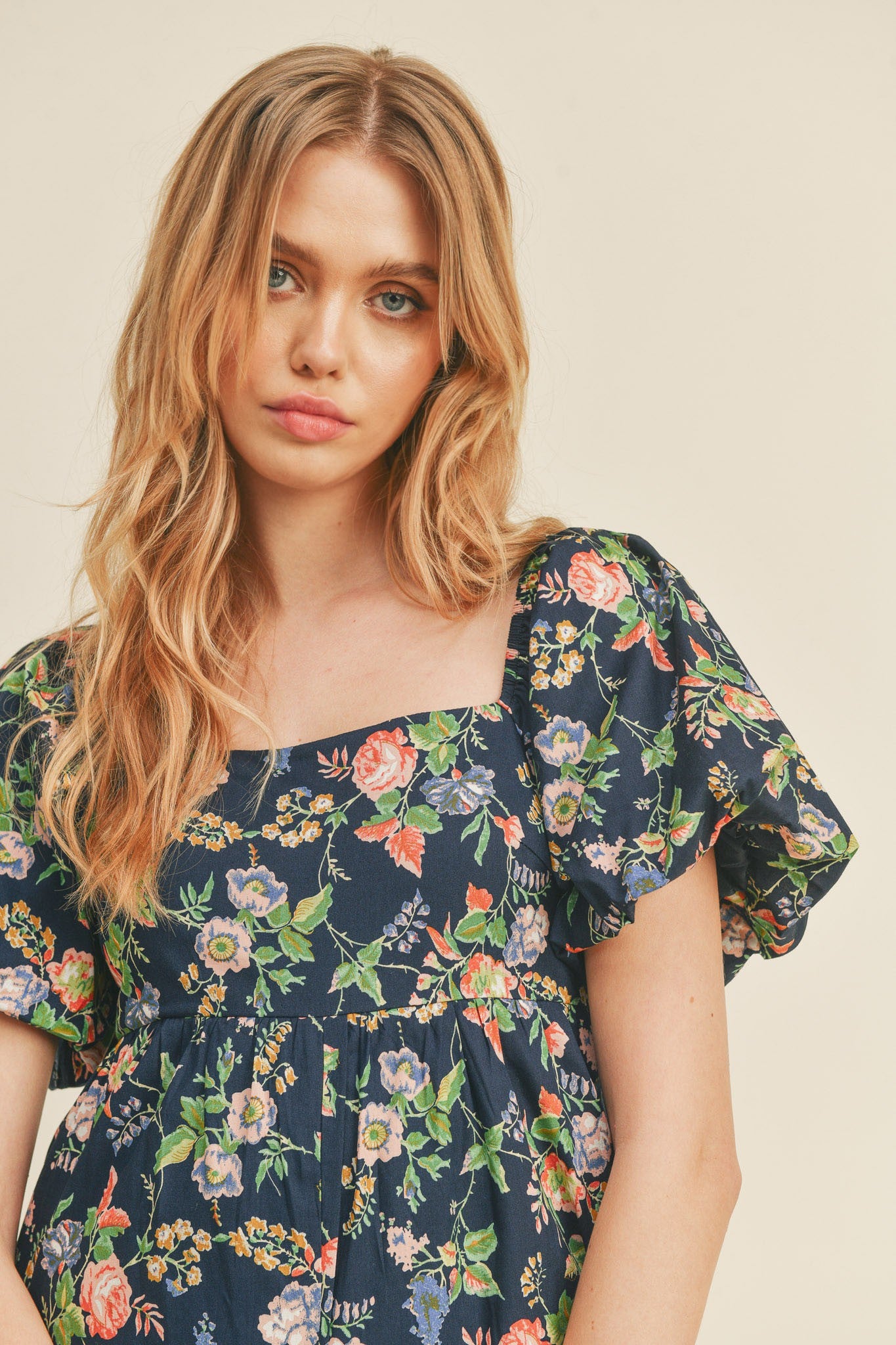Navy Floral Floral Wide Leg Puff Sleeve Jumpsuit