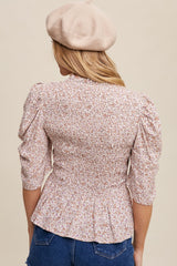 Taupe Flower Print Smocked Bodice Puff Sleeve Top