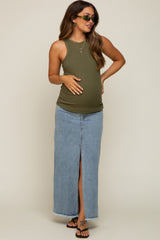 Blue Front Slit Denim Maternity Midi Skirt