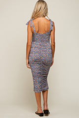 Blue Floral Ruched Shoulder Tie Maternity Midi Dress