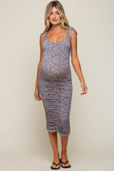 Blue Floral Ruched Shoulder Tie Maternity Midi Dress
