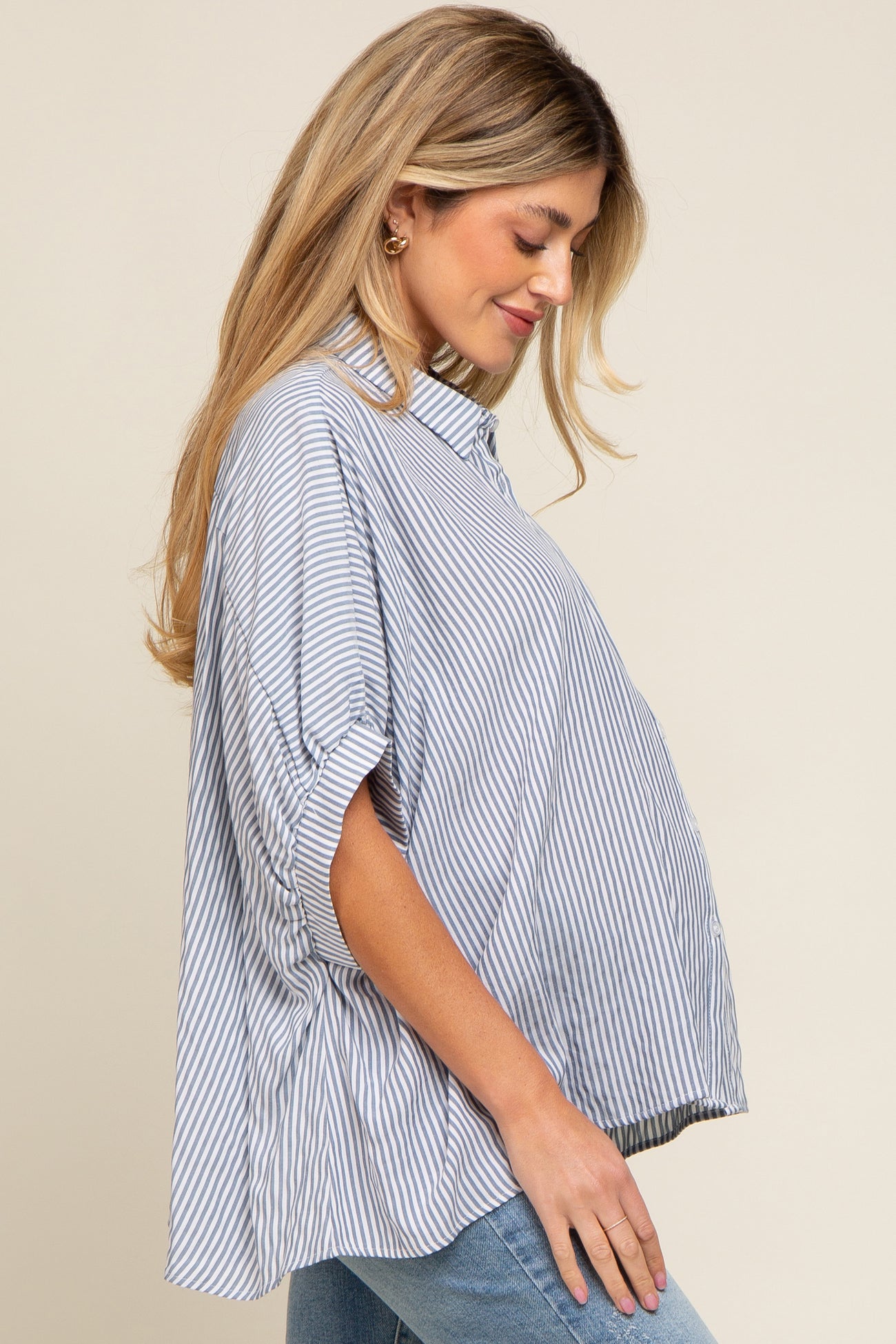 Navy Striped Dolman Button Down Maternity Top