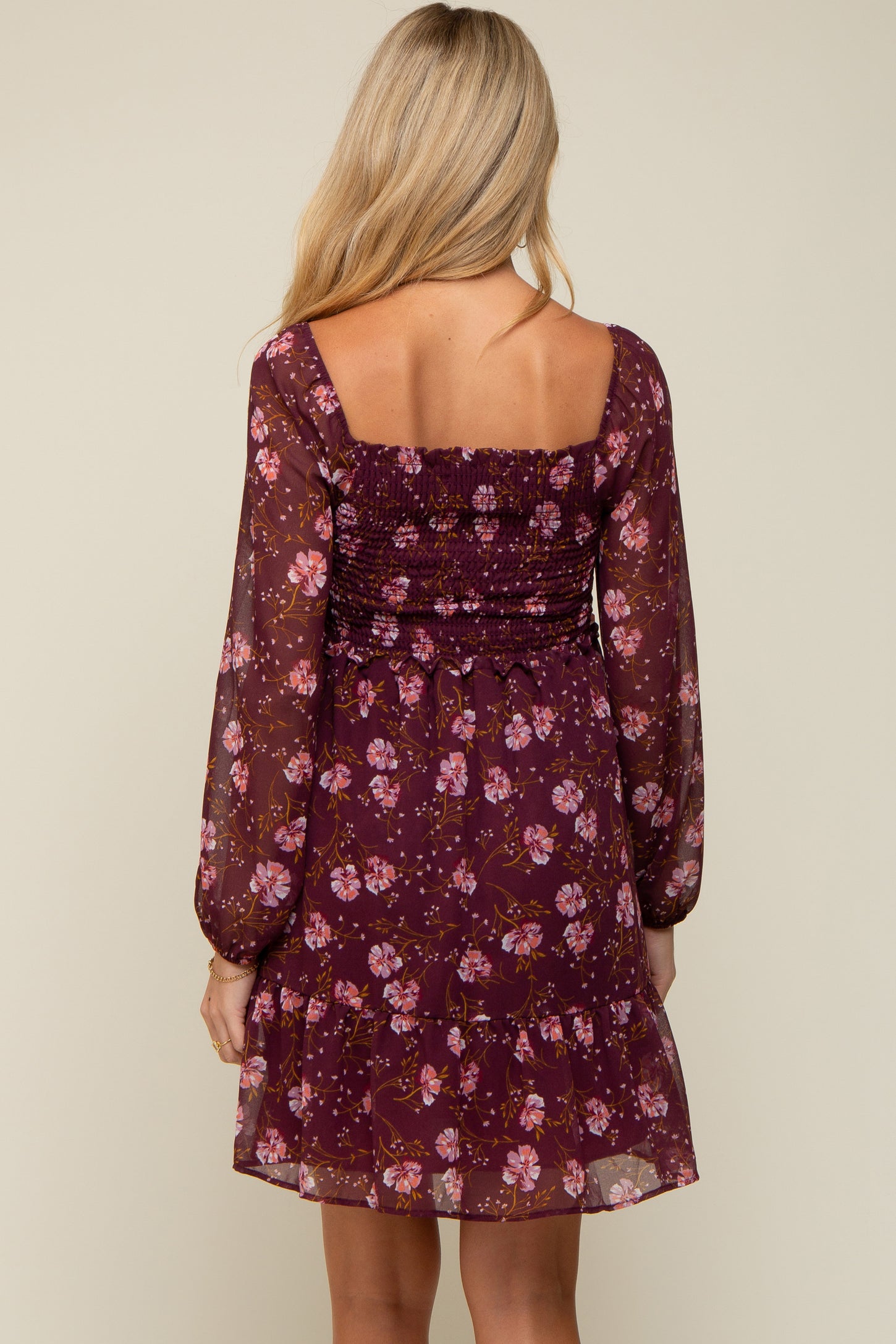 Burgundy Floral Smocked Long Sleeve Maternity Dress