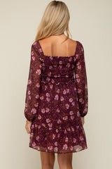 Burgundy Floral Smocked Long Sleeve Maternity Dress