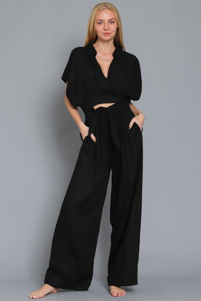 Black Dolman Short Sleeve Collar Cropped Top & Pants
