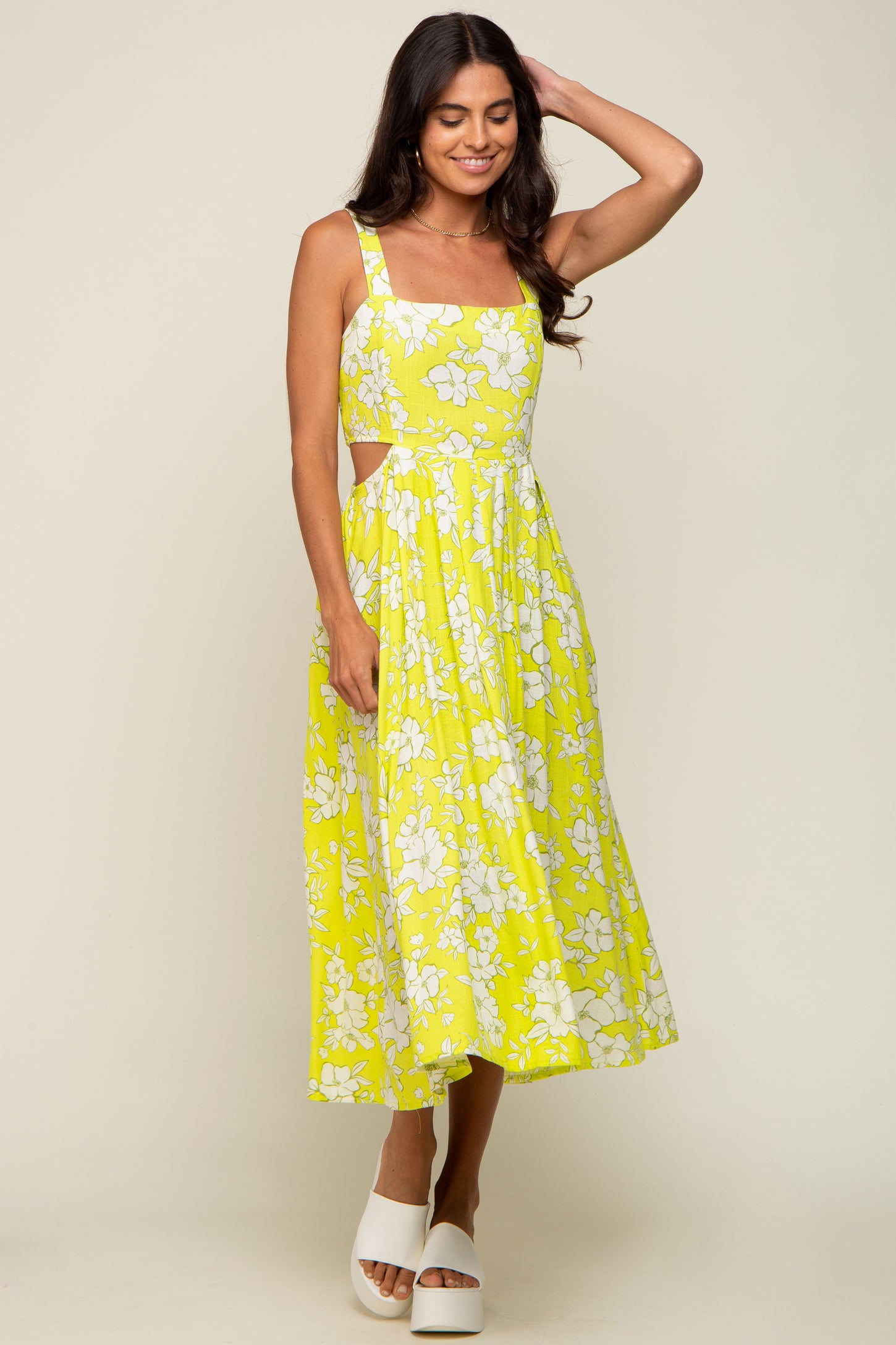 Lime Floral Sleeveless Side Cutout Midi Dress