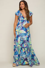 Blue Floral Ruffle Accent Maternity Maxi Dress