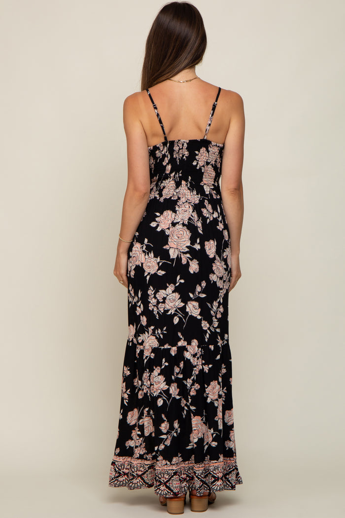 Black Floral Border Print Front Twist Maternity Maxi Dress