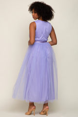 Lavender Wrap V-Neck Waist Tie Tulle Midi Dress