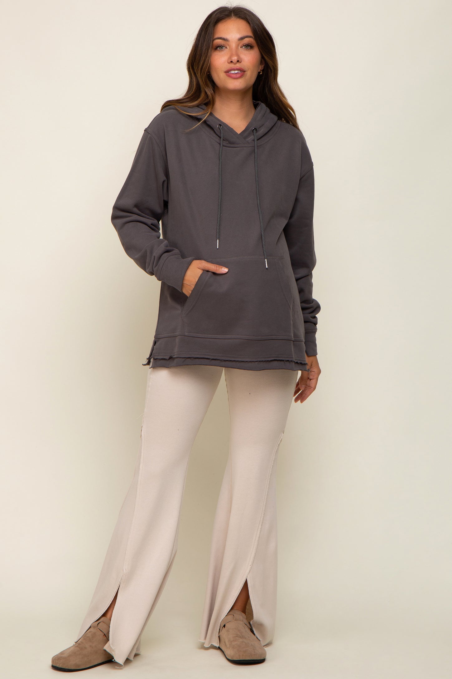 Charcoal Raw Hem Maternity Hooded Sweatshirt