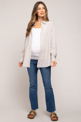 Grey Striped Button Up Long Sleeve Maternity Top