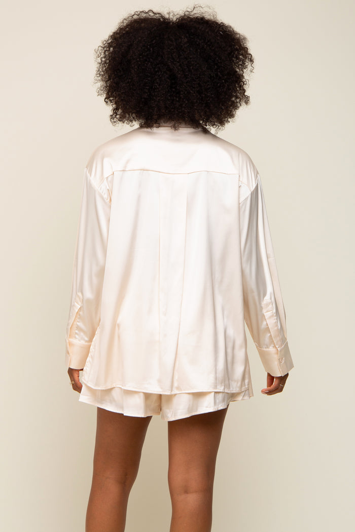Cream Satin Button Down Short Sleep Set