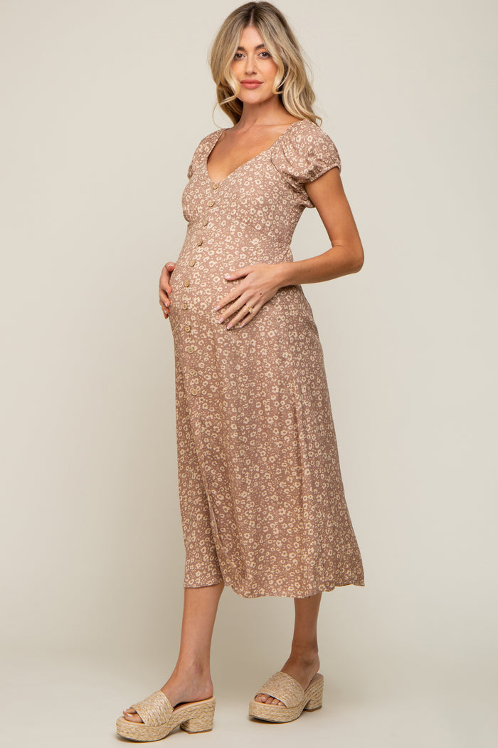 Beige Leopard Button Front Maternity Midi Dress