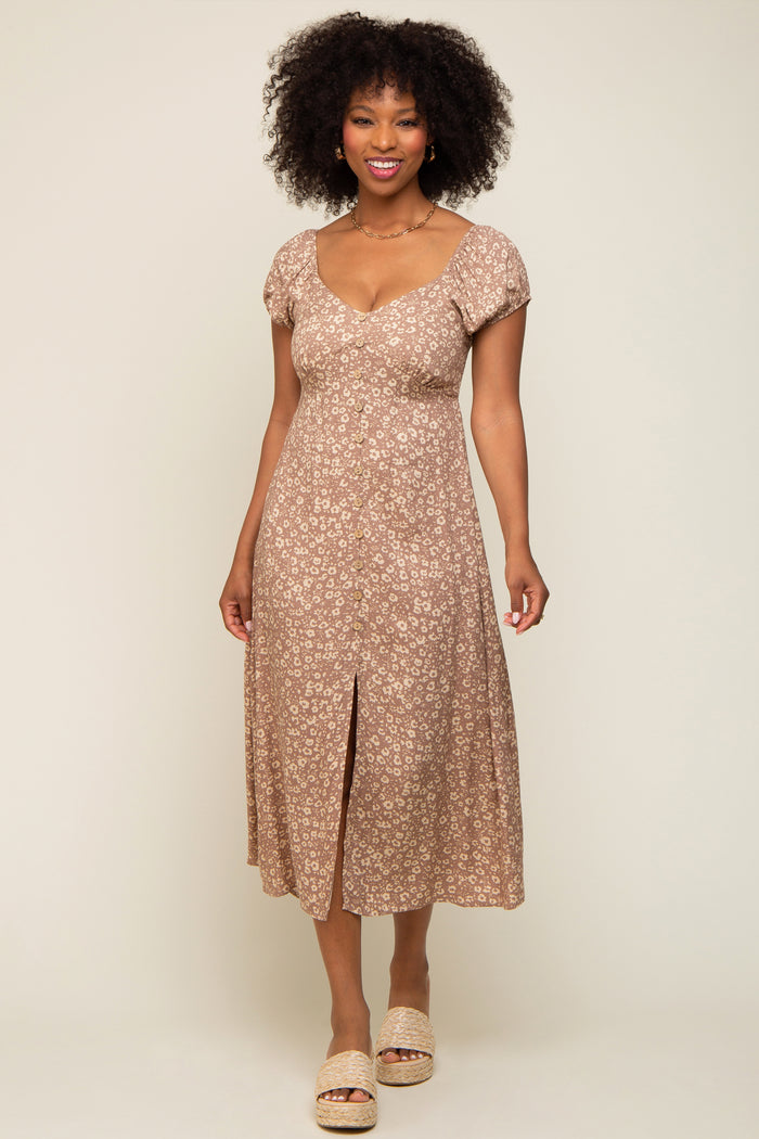 Beige Leopard Button Front Maternity Midi Dress