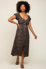 Black Leopard Button Front Maternity Midi Dress