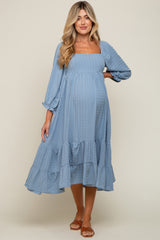 Blue Striped 3/4 Cinched Sleeve Tiered Maternity Midi Dress