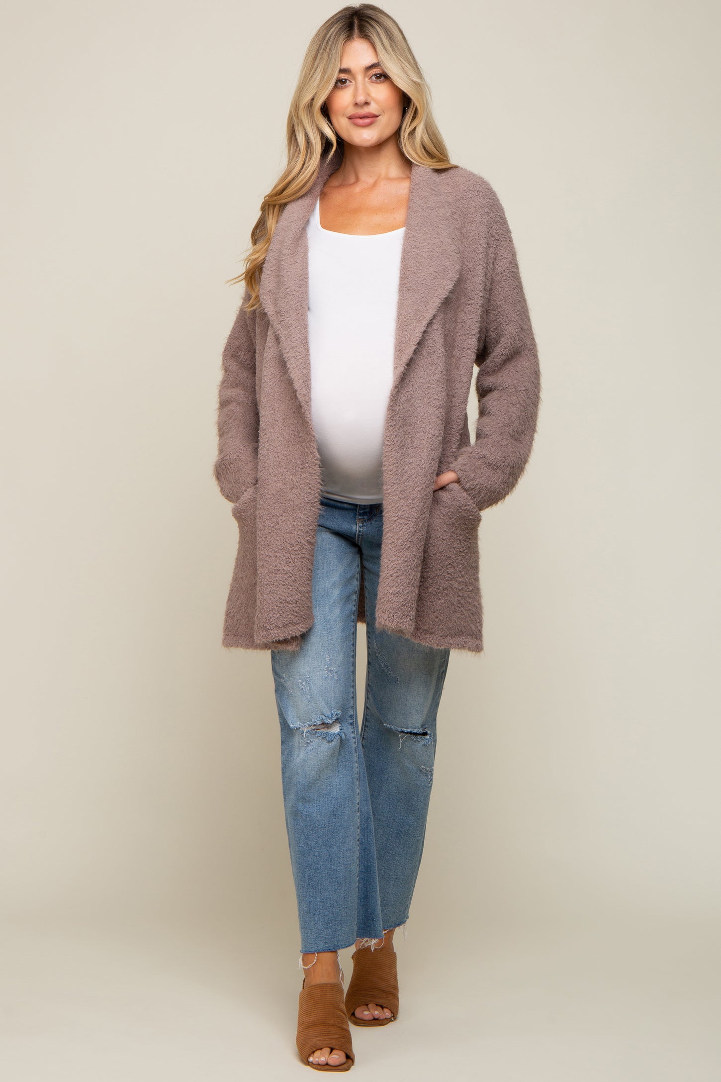 Mocha Fuzzy Knit Draped Maternity Cardigan