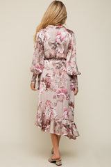 Taupe Satin Asymmetrical Flounce Trim Maternity Midi Dress