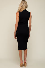 Black Knit Fitted Turtleneck Maternity Midi Dress