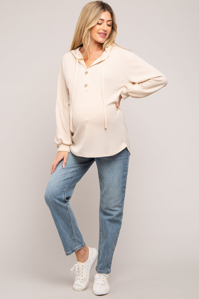 Beige Button Accent Hooded Maternity Henley Top