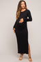 Black Ribbed Side Slit Maternity Maxi Dress