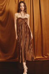 Brown Pleated Halter Maternity Maxi Dress