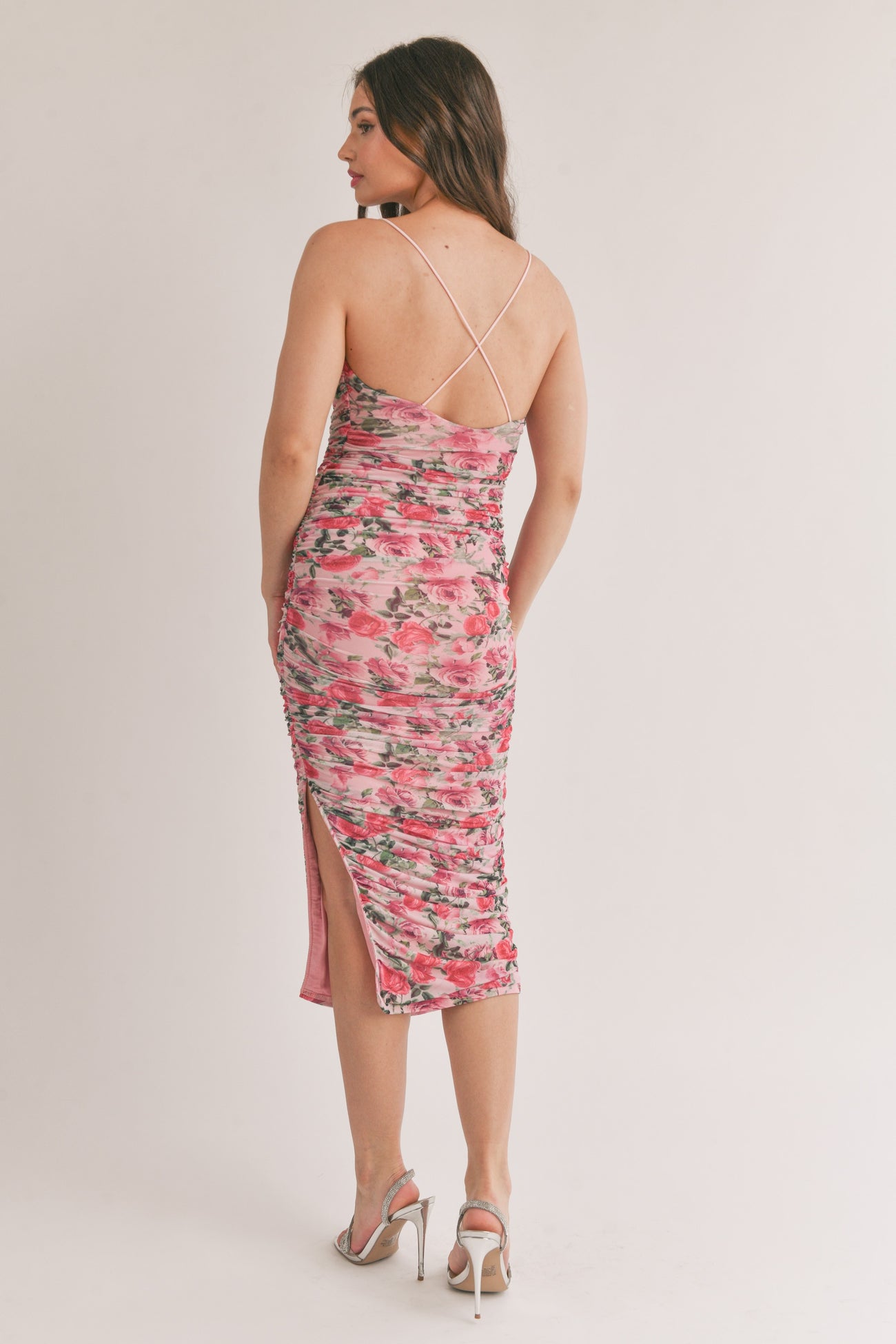 Pink Floral Mesh Ruched Criss Cross Back Midi Dress