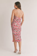 Pink Floral Mesh Ruched Criss Cross Back Midi Dress
