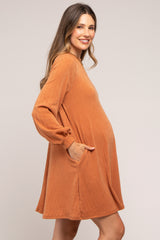 Camel Mock Neck Long Sleeve Maternity Dress