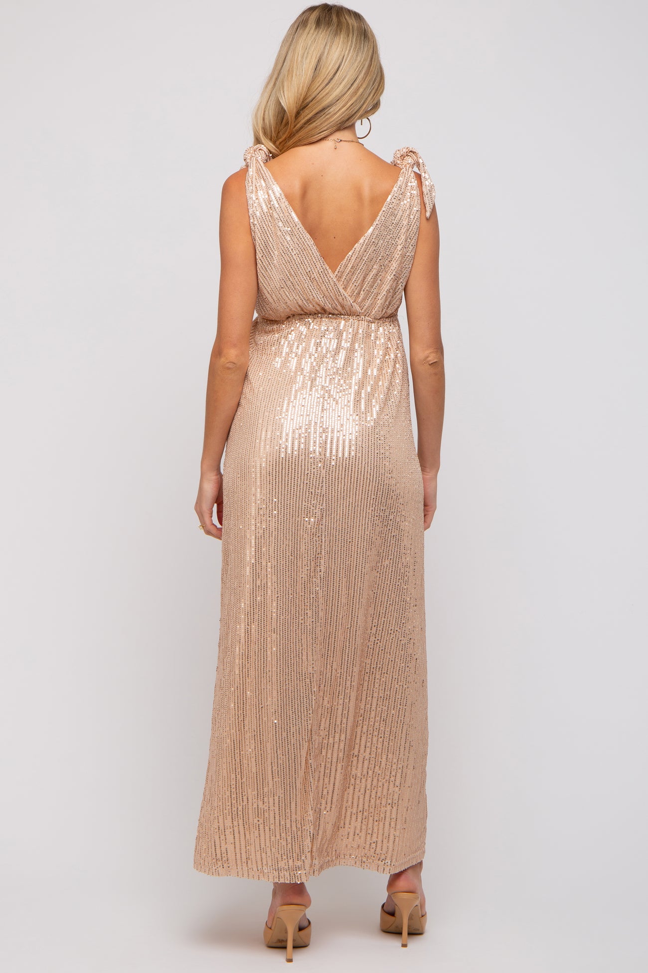 Beige Sequin Sleeveless Wrap V-Neck Maternity Gown