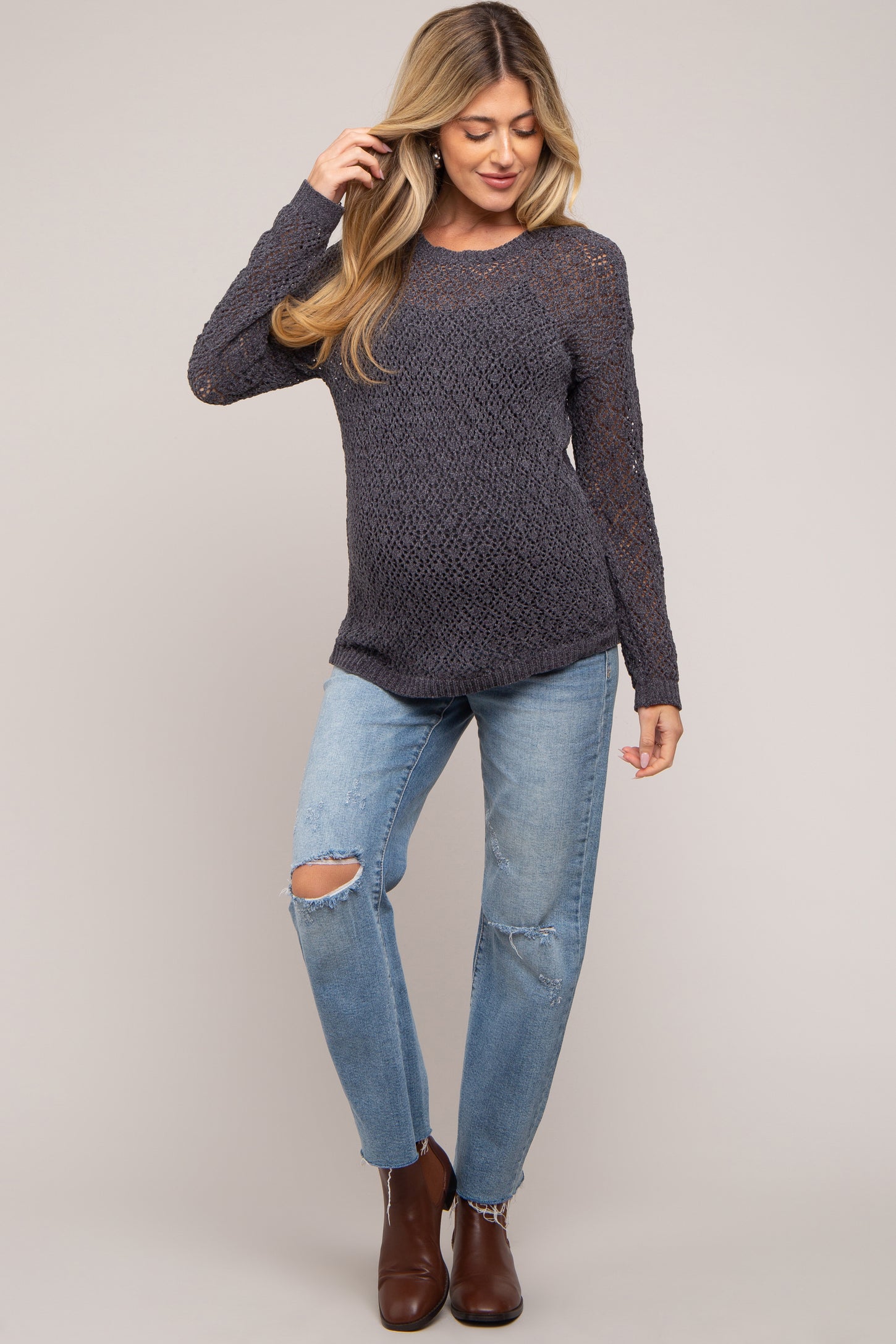 Charcoal Chenille Open Knit Maternity Sweater