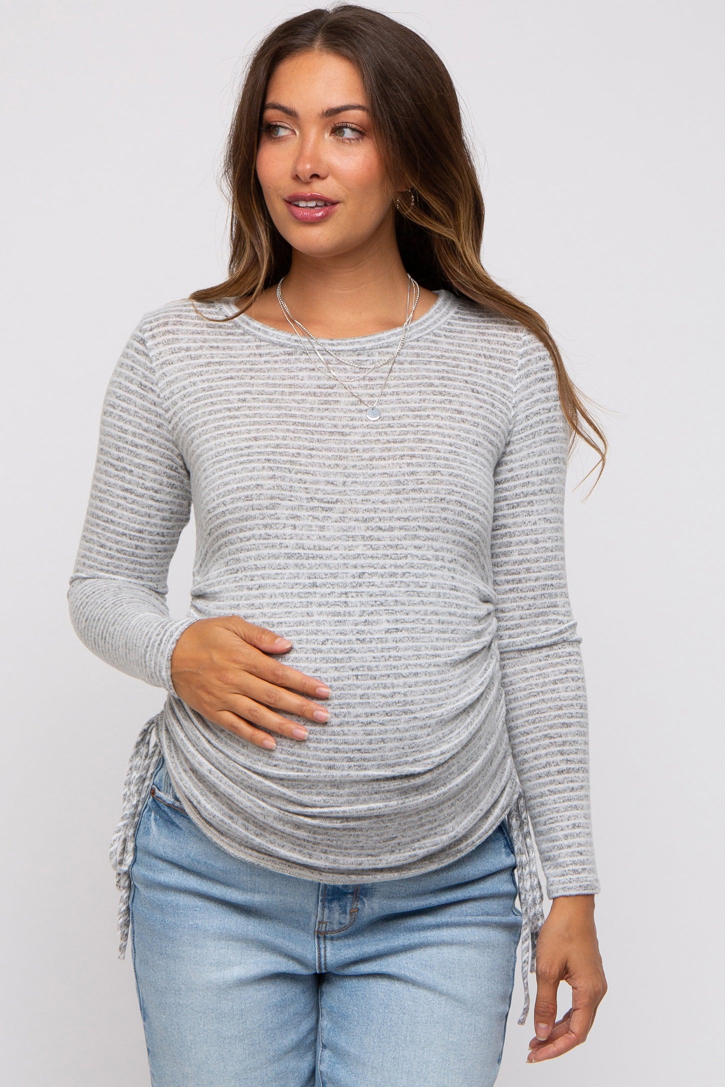 Heather Grey Striped Brushed Knit Ruched Maternity Top