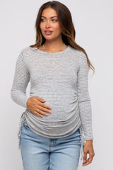 Heather Grey Striped Brushed Knit Ruched Maternity Top