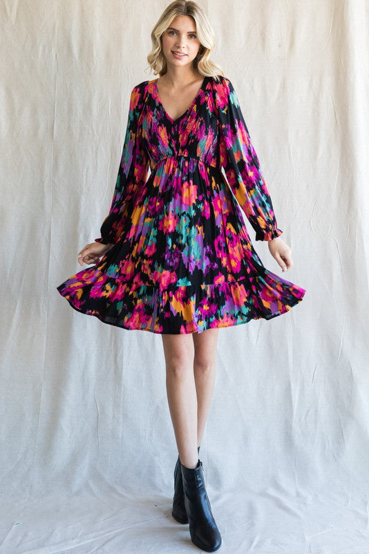 Black Multicolor Print Maternity Long Sleeve Dress