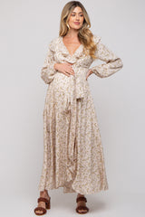 Cream Floral Ruffle V-Neck Wrap Front Maternity Maxi Dress