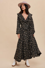 Black Floral Ruffle V-Neck Wrap Front Maternity Maxi Dress