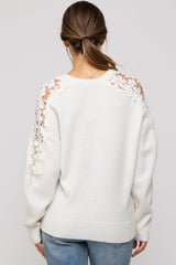 White Crochet Lace Shoulder Maternity Sweater