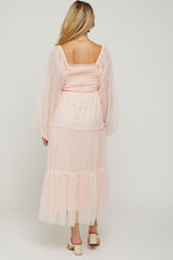 Light Pink Mesh Tiered Long Sleeve Maternity Maxi Dress