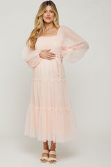 Light Pink Mesh Tiered Long Sleeve Maternity Maxi Dress