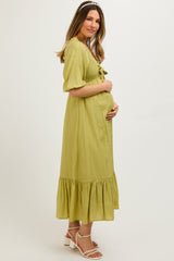 Light Olive Smocked Front Tie Maternity Midi Dress