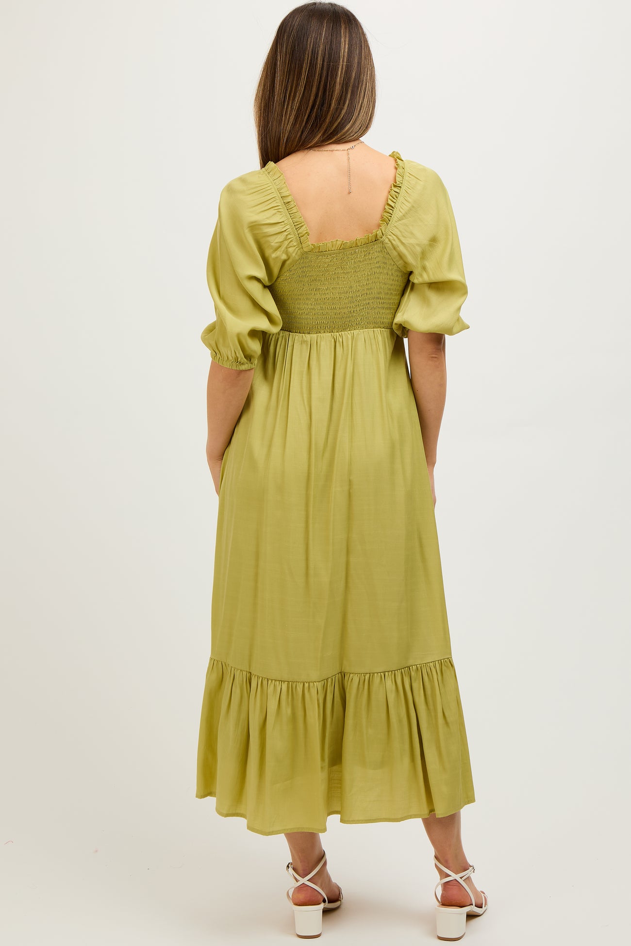 Light Olive Smocked Front Tie Maternity Midi Dress