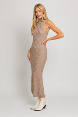 Mocha Checkered Mock Neck Maxi Dress