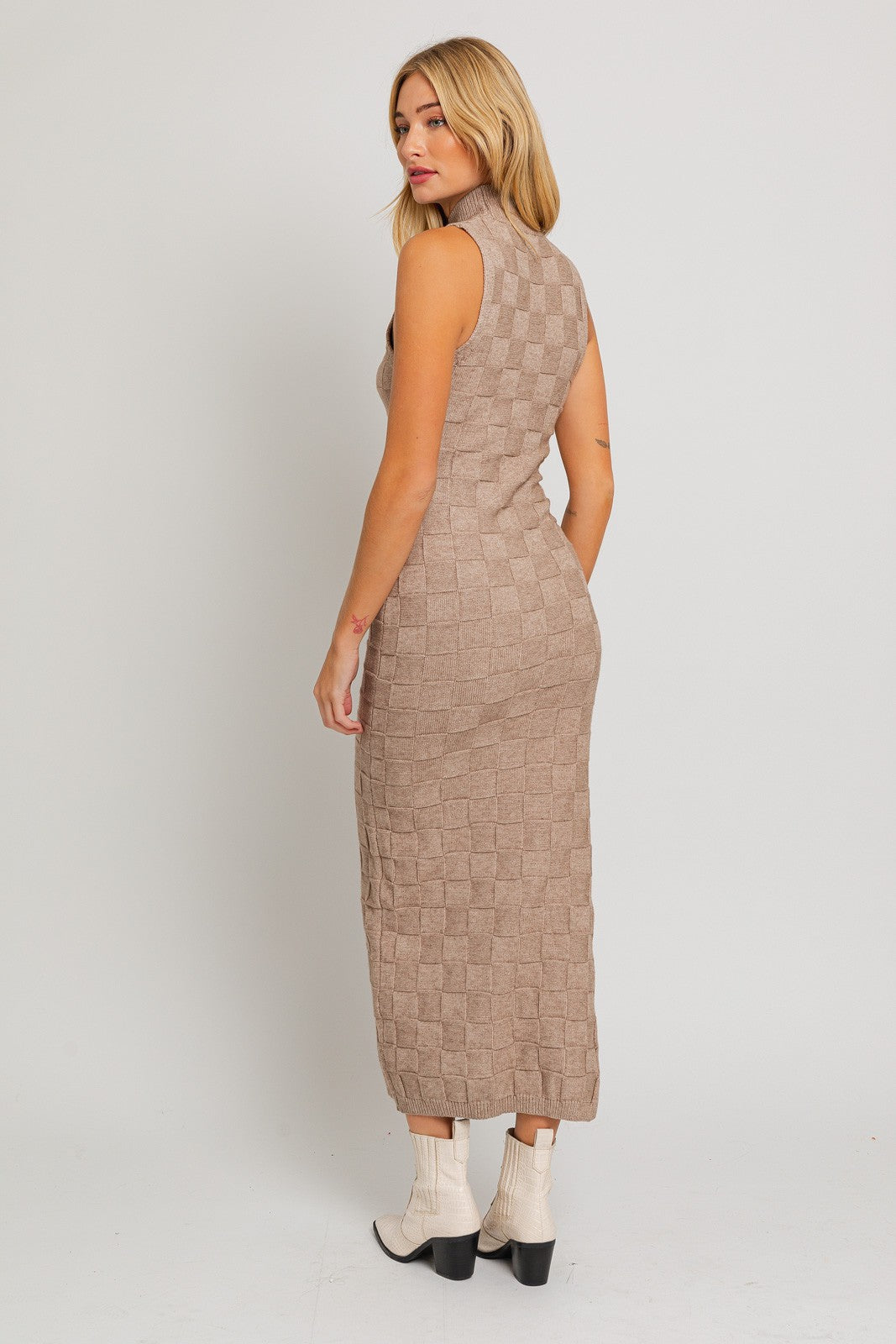 Mocha Checkered Mock Neck Maxi Dress