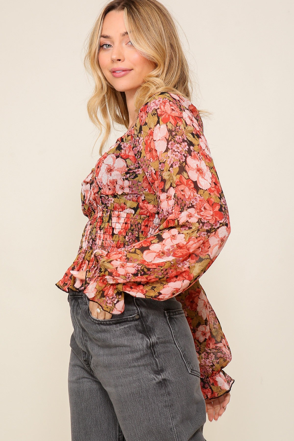 Black Combo Floral Print Smocked Chiffon Top