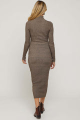 Brown Mock Neck Long Sleeve Maternity Midi Dress