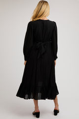 Black Twisted Front Long Sleeve Ruffle Hem Maternity Midi Dress